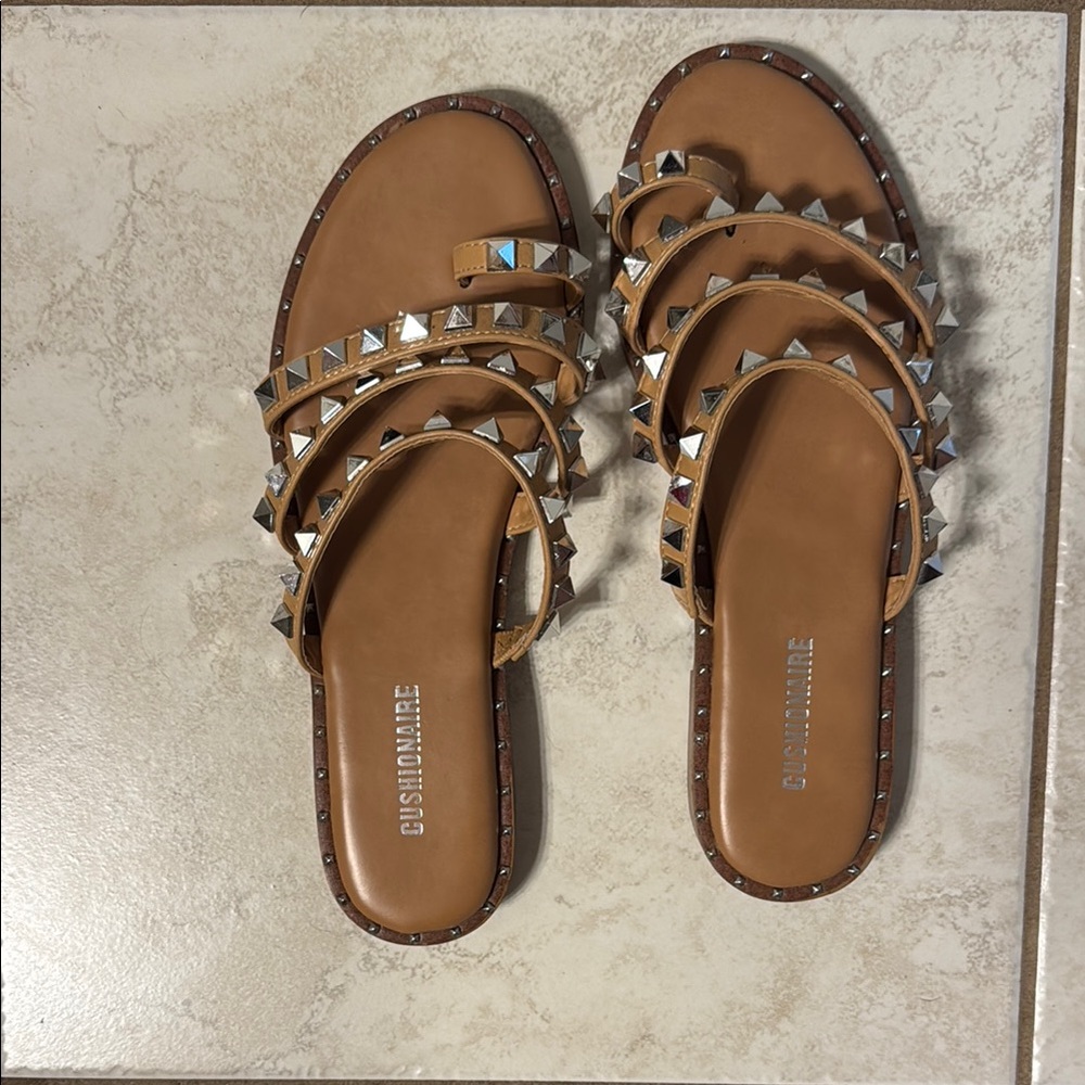 Tan Studded Slide Sandals with Silver Embellishments